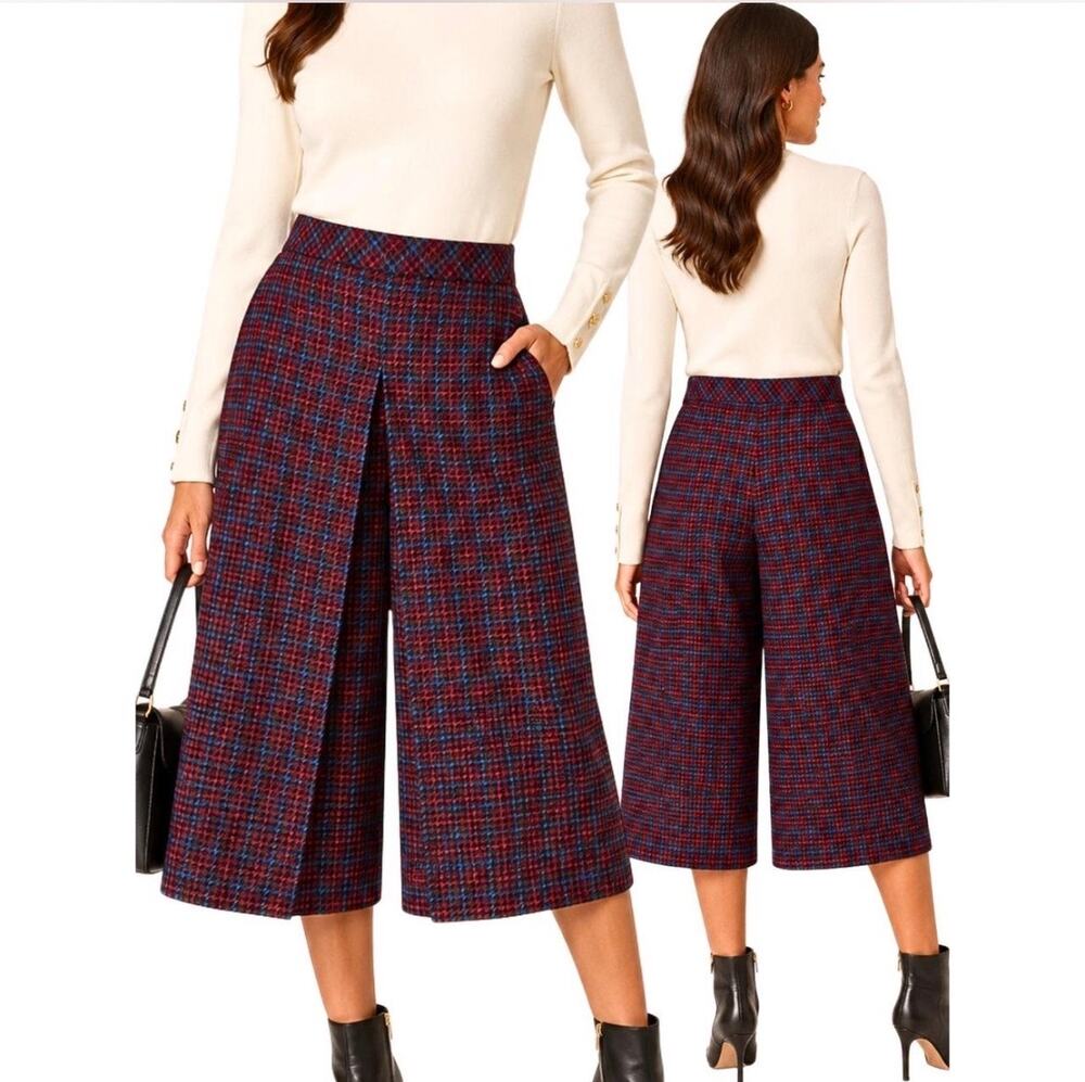 Trina Turk Prizzi Wide Leg Culotte Pants Plaid Size 2 Cropped $248 NWT
